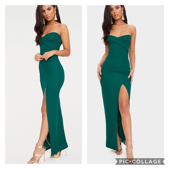 emerald green bandeau folded detail extreme split maxi dress